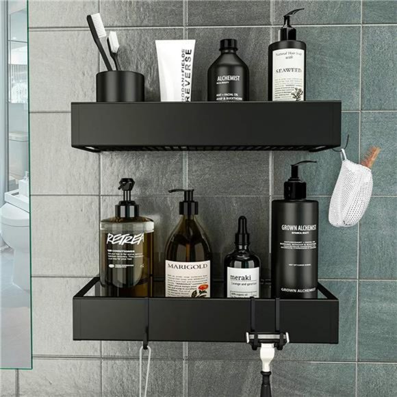 Shower Caddy, Self Adhesive Shower Shelves With Hooks - 2 Pack Black - Picture 6 of 6